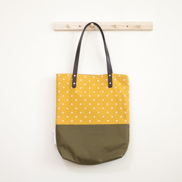 Mustard Olive Polka Dots Leather Straps Shoulder Tote Bag
