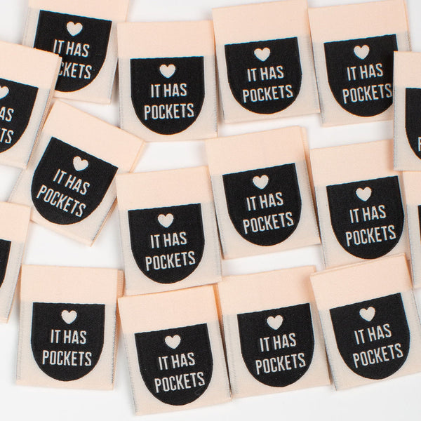 “IT HAS POCKETS” Woven Clothing Labels (Pack of 8)